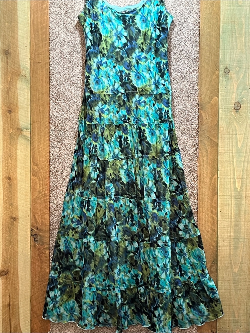 Jones Wear Dress Tiered Maxi Skirt in a Watercolor Teal & Olive Floral Pattern.